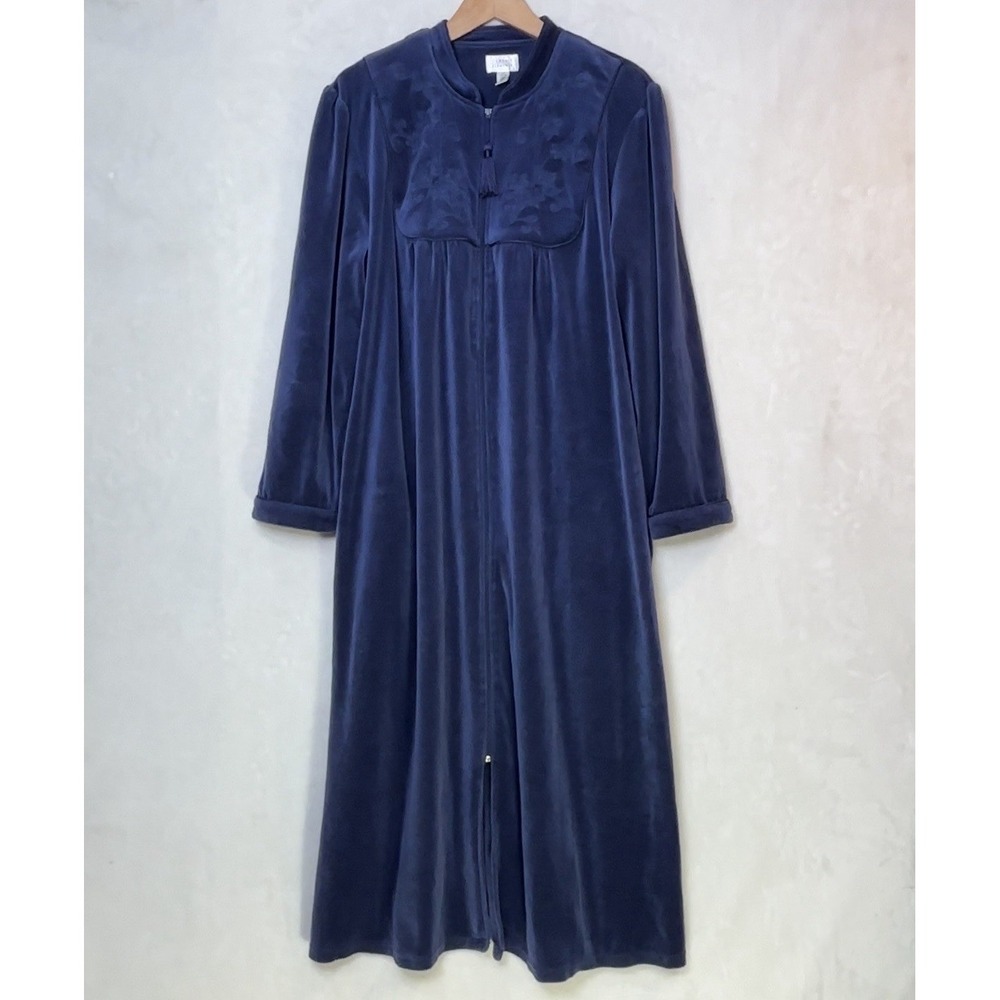 Vtg Navy Velour Zip Front House Dress Long Lounge Robe Dark Romantic Goth L